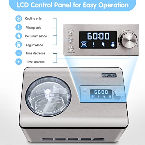 KUMIO Ice Cream Maker with Compressor, No Pre-Freezing, 2 Quart Stainless Steel Ice Cream Maker Machine with LCD Display, Timer, 2 in 1 Ice Cream Yogurt Machine, Electric Fruit Yogurt Machine, 180W