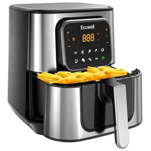 ecowell txs5t2 air fryer, 6 quart airfryer, large stainless steel air fryers for 3-5 people, 8 food presets, digital touch screen, healthy cooking, bpa-free, nonstick & dishwasher-safe, 1700w, black