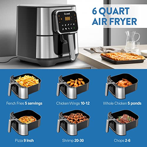 ECOWELL TXS5T2 Air Fryer, 6 Quart Airfryer, Large Stainless Steel Air Fryers for 3-5 People, 8 Food Presets, Digital Touch Screen, Healthy Cooking, BPA-Free, Nonstick & Dishwasher-Safe, 1700W, Black