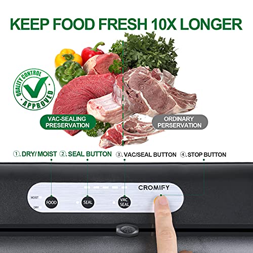 Cromify Vacuum Sealer Machine, Automatic Food Saver One-Touch Safe Operation 80kPa Strong Power, Dry Moist Modes, Kit of Rolls&Hose&Replaceable Bags