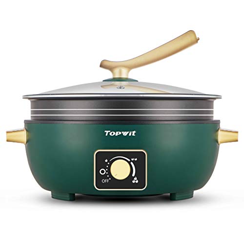 Topwit Electric Hot Pot 5L with Adjustable Power Control, Removable Nonstick Electric Frying Pan, 12” Deep Dish Multifunction Electric Skillet with Tempered Glass Lid for Shabu Shabu, Noodles, Sauté