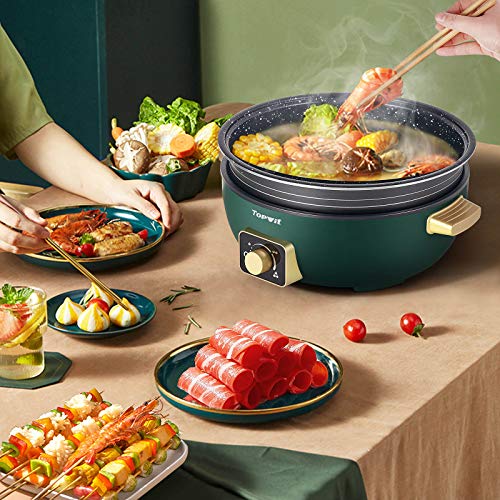 Topwit Electric Hot Pot 5L with Adjustable Power Control, Removable Nonstick Electric Frying Pan, 12” Deep Dish Multifunction Electric Skillet with Tempered Glass Lid for Shabu Shabu, Noodles, Sauté