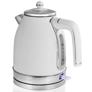 ovente electric stainless steel hot water kettle 1.7 liter victoria collection, 1500 watt power tea maker boiler with auto shut-off boil dry protection removable filter and water gauge, white ks777w