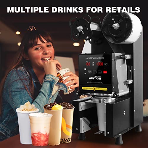 WantJoin Cup Sealing Machine Full Automatic Cup Sealer Machine 90/95mm 35.4/37.4in Electric Cup Sealing Machine 500-650 Cups/H Digital Control LCD Panel Cup Sealer for Bubble Milk Tea Coffee Black