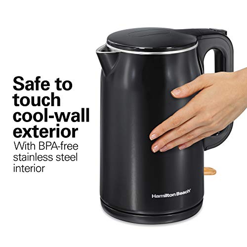 Hamilton Beach 1.6L Electric Tea Kettle, Hot Water Boiler & Heater with Cool-Touch Double Wall Stainless Steel Exterior, 1500W, Cordless, Auto-Shutoff and Boil-Dry Protection, Black (41032)
