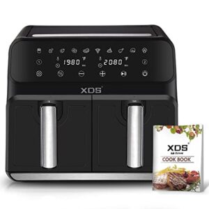 xds 10-in-1 dual basket air fryer, 8-qt oilless cooker for roasting, baking, dehydrate, reheating and more, 2 independent baskets, digital touchscreen, dishwasher-safe basket
