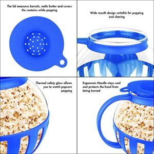 The Original Korcci 3 Quart Microwave Glass Popcorn Popper, Borosilicate Glass, Dishwasher Safe, 3-in-1 Silicone Lid, BPA Free, Family Size (Blue)