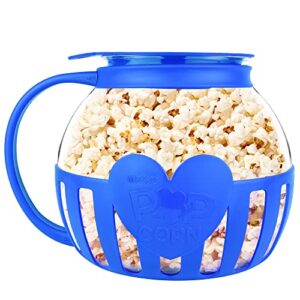 the original korcci 3 quart microwave glass popcorn popper, borosilicate glass, dishwasher safe, 3-in-1 silicone lid, bpa free, family size (blue)