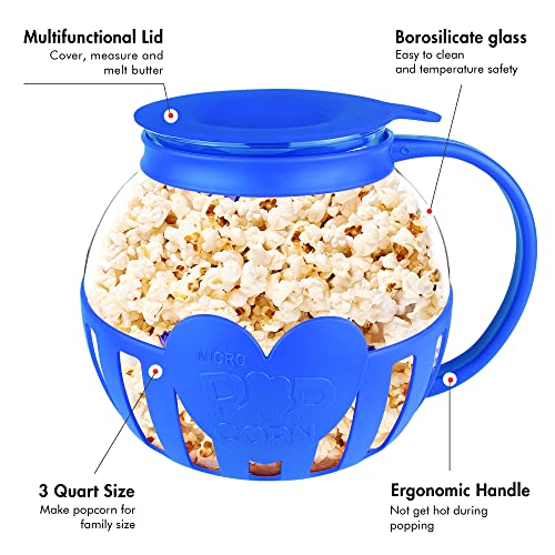 The Original Korcci 3 Quart Microwave Glass Popcorn Popper, Borosilicate Glass, Dishwasher Safe, 3-in-1 Silicone Lid, BPA Free, Family Size (Blue)