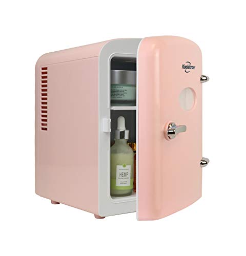 Koolatron retro Mini Portable Fridge, 4L Compact Refrigerator for Skincare, Beauty Serum, Face Mask, Personal Cooler, Includes 12V and AC Cords, Desktop Accessory for Home Office Dorm Travel, Pink