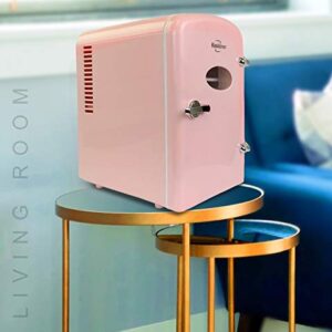 Koolatron retro Mini Portable Fridge, 4L Compact Refrigerator for Skincare, Beauty Serum, Face Mask, Personal Cooler, Includes 12V and AC Cords, Desktop Accessory for Home Office Dorm Travel, Pink