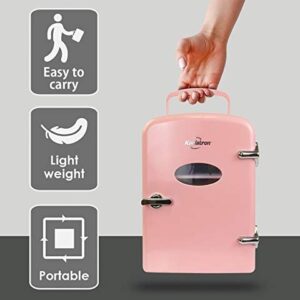 Koolatron retro Mini Portable Fridge, 4L Compact Refrigerator for Skincare, Beauty Serum, Face Mask, Personal Cooler, Includes 12V and AC Cords, Desktop Accessory for Home Office Dorm Travel, Pink