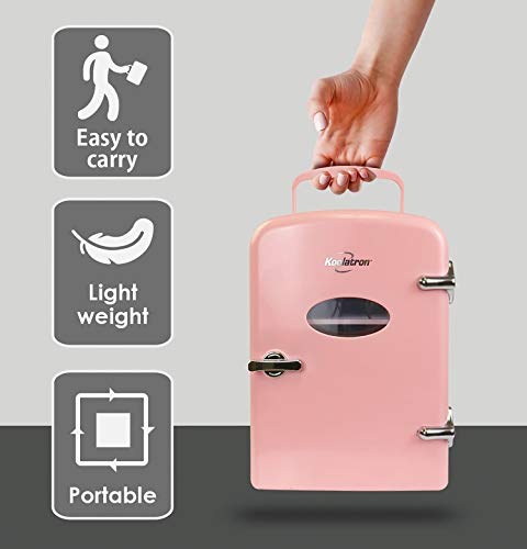 Koolatron retro Mini Portable Fridge, 4L Compact Refrigerator for Skincare, Beauty Serum, Face Mask, Personal Cooler, Includes 12V and AC Cords, Desktop Accessory for Home Office Dorm Travel, Pink