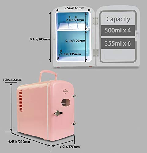 Koolatron retro Mini Portable Fridge, 4L Compact Refrigerator for Skincare, Beauty Serum, Face Mask, Personal Cooler, Includes 12V and AC Cords, Desktop Accessory for Home Office Dorm Travel, Pink