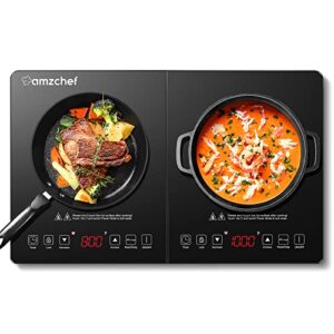 double induction cooktop amzchef induction cooker 2 burners, low noise electric cooktops with 1800w sensor touch, 10 temperature & power levels,independent control,3-hour timer, safety lock