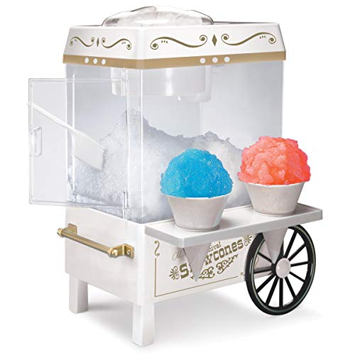 Nostalgia SCM525WH Vintage Countertop Snow Cone Maker Makes 20 Icy Treats, Includes 2 Reusable Plastic Cups & Ice Scoop – Ice White, 8 Oz