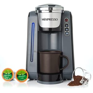 mixpresso – single serve k-cup coffee maker | with 4 brew sizes for 1.0 & 2.0 k-cup pods | removable 45oz water tank | quick brewing with auto shut-off | rapid brew technology (dark/gray)