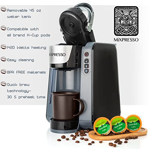 Mixpresso - Single Serve K-Cup Coffee Maker | With 4 Brew Sizes for 1.0 & 2.0 K-Cup Pods | Removable 45oz Water Tank | Quick Brewing with Auto Shut-Off | Rapid Brew Technology (Dark/Gray)