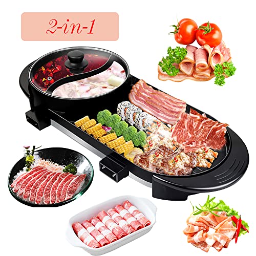 Comft Hot Pot and Grill, 2 In 1 Electric Hot Pot Grill Cooker with Dual Temperature Control Multi-Functional Smokeless Shabu Korean BBQ Pan Indoor Large Capacity Non-Stick, Capacity for 2 - 12 People