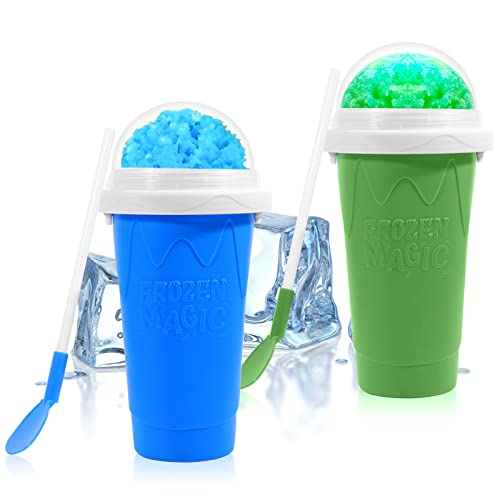 Ragnify Slushy Cup 2 Pack Slushie Maker Ice Cup Silica Cup Pinch Cup Summer Cooler Smoothies Cup Double Layer Squeeze Cup Slush Maker Cup Home DIY Smoothie Cup for Children and Adult (Blue & Green)