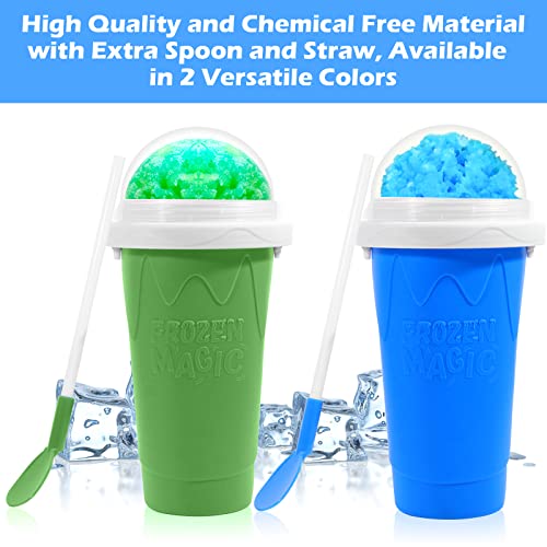 Ragnify Slushy Cup 2 Pack Slushie Maker Ice Cup Silica Cup Pinch Cup Summer Cooler Smoothies Cup Double Layer Squeeze Cup Slush Maker Cup Home DIY Smoothie Cup for Children and Adult (Blue & Green)