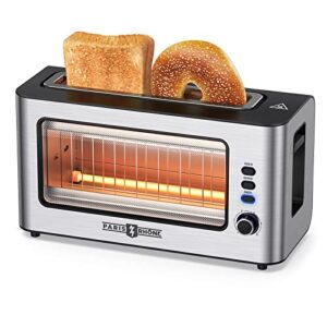 toaster, paris rhône toaster 2 slice extra wide long slot retro toaster with easy view window, 6 browning levels, easy to clean, auto shutoff, stainless steel silver toaster for bagels, waffles (silver)