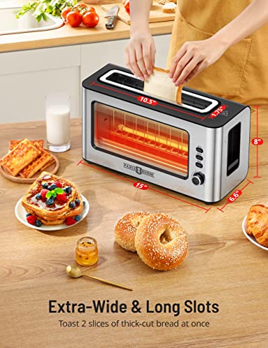 Toaster, Paris Rhône Toaster 2 Slice Extra Wide Long Slot Retro Toaster with Easy View Window, 6 Browning Levels, Easy to Clean, Auto Shutoff, Stainless Steel Silver Toaster for Bagels, Waffles (Silver)