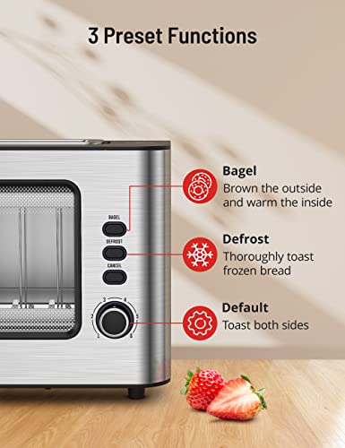 Toaster, Paris Rhône Toaster 2 Slice Extra Wide Long Slot Retro Toaster with Easy View Window, 6 Browning Levels, Easy to Clean, Auto Shutoff, Stainless Steel Silver Toaster for Bagels, Waffles (Silver)