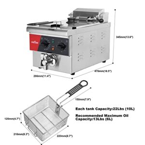 CROSSON 6L Electric Countertop Deep Fryer Extra Large with Drain,Timer,Basket and Lid for Restaurant Use 120V,1800W Commercial Deep Fryers