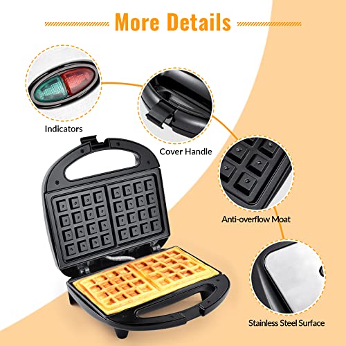 MONXOOK Waffle Maker Belgian, Electric Waffle Maker with Indicator Lights, 2 Slices Square Non-Stick Waffle Irons, Automatic Temperature, Compact Design, Easy to Clean, 750W, Black