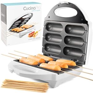 corn dog maker – perfect hot dogs on a stick, cheese sticks, cake pops, and more – includes 50 skewers plus recipes, easy to use electric nonstick baker, great for bbqs, makes 6 mini corn dogs at once