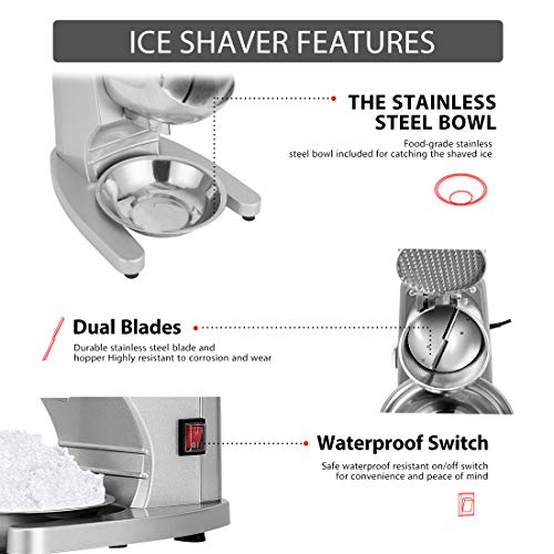 VIVOHOME 11 Inch Height Electric Dual Blades Ice Crusher Shaver Snow Cone Maker Machine Silver 143lbs/hr with Ice Pick for Home and Commercial Use