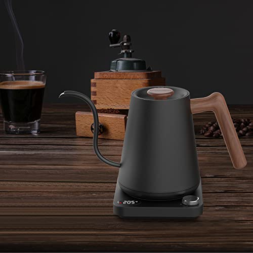 Electric Gooseneck Pour Over Kettle: KitchenBoss 1 Liter Temperature Control Coffee Kettles, 1350W Quickly Heating and Keep Warm Settings Stainless Steel Walnut Handle with Mute Mode (Charcoal Black)