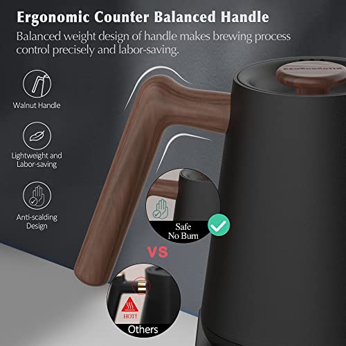 Electric Gooseneck Pour Over Kettle: KitchenBoss 1 Liter Temperature Control Coffee Kettles, 1350W Quickly Heating and Keep Warm Settings Stainless Steel Walnut Handle with Mute Mode (Charcoal Black)