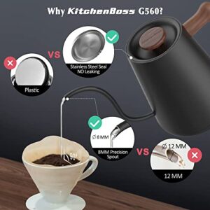 Electric Gooseneck Pour Over Kettle: KitchenBoss 1 Liter Temperature Control Coffee Kettles, 1350W Quickly Heating and Keep Warm Settings Stainless Steel Walnut Handle with Mute Mode (Charcoal Black)