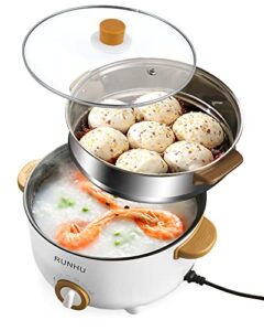 runhu electric hot pot with steamer, 4l non-stick electric frying pan with multi-power control, 3.1″ depth multifunctional cooker with overheating protection for shabu shabu, noodles, sauté (white)
