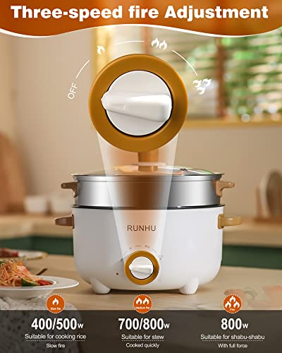 RUNHU Electric Hot Pot with Steamer, 4L Non-Stick Electric Frying Pan with Multi-Power Control, 3.1" Depth Multifunctional Cooker with Overheating Protection for Shabu Shabu, Noodles, Sauté (White)