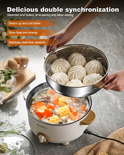 RUNHU Electric Hot Pot with Steamer, 4L Non-Stick Electric Frying Pan with Multi-Power Control, 3.1" Depth Multifunctional Cooker with Overheating Protection for Shabu Shabu, Noodles, Sauté (White)