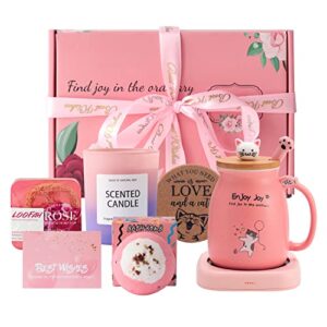 coffee mug beverage warmer relaxing spa gift box set happy birthday for women- ceramic cat coffee cup, bath bomb, scented candle,soap,best gift for her best friend sister daughter mom valentines day