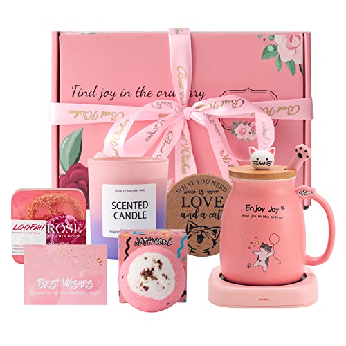 Coffee Mug Beverage Warmer Relaxing Spa Gift Box Set Happy Birthday for Women- Ceramic Cat Coffee Cup, Bath Bomb, Scented Candle,Soap,Best Gift for Her Best Friend Sister Daughter Mom Valentines Day