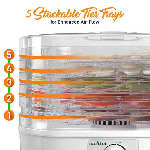 NutriChef Food Dehydrator Machine - Professional Electric Multi-Tier Food Preserver, Meat or Beef Jerky Maker, Fruit & Vegetable Dryer with 5 Stackable Trays, High-Heat Circulation - PKFD06