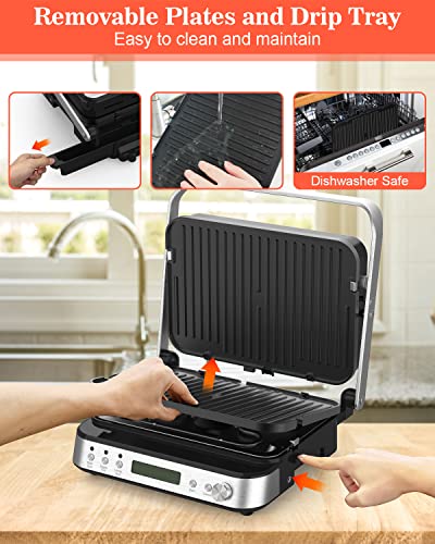 6 in 1 Indoor Grill with Waffle Plates, Panini Press Grill Sandwich Maker, CATTLEMAN CUISINE Electric Contact Grill and Griddle with Removable Nonstick Grill Plates, Smart Probe, LCD Display, 1600W