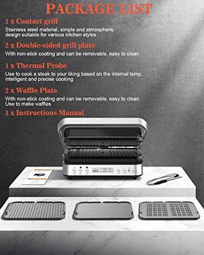 6 in 1 Indoor Grill with Waffle Plates, Panini Press Grill Sandwich Maker, CATTLEMAN CUISINE Electric Contact Grill and Griddle with Removable Nonstick Grill Plates, Smart Probe, LCD Display, 1600W