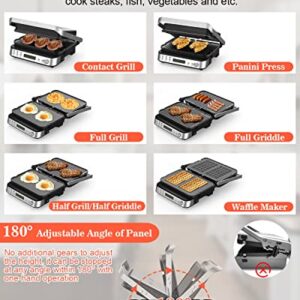 6 in 1 Indoor Grill with Waffle Plates, Panini Press Grill Sandwich Maker, CATTLEMAN CUISINE Electric Contact Grill and Griddle with Removable Nonstick Grill Plates, Smart Probe, LCD Display, 1600W