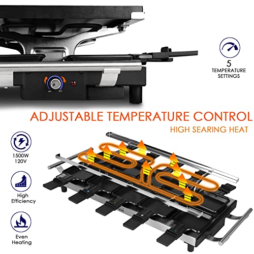 Artestia Raclette Table Grill,1500W Raclette Grill,10 Paddles Korean Bbq Grill,Cheese Raclette with Grill Stone and Non-Stick Reversible Aluminum Plate for Parties Family