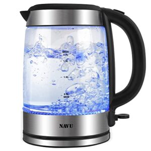 navu electric kettle 1500w, wide opening, 1.7 liter glass tea kettle and hot water boiler, cordless, led indicator, auto shut-off & boil-dry protection, bpa-free matte black