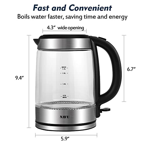 NAVU Electric Kettle 1500W, Wide Opening, 1.7 Liter Glass Tea Kettle and Hot Water Boiler, Cordless, LED Indicator, Auto Shut-Off & Boil-Dry Protection, BPA-Free Matte Black