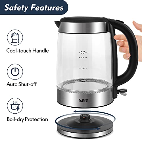 NAVU Electric Kettle 1500W, Wide Opening, 1.7 Liter Glass Tea Kettle and Hot Water Boiler, Cordless, LED Indicator, Auto Shut-Off & Boil-Dry Protection, BPA-Free Matte Black