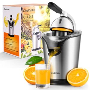 chefville cj02 electric citrus juicer, electric orange juicer squeezer with 2 cones for easy use, large capacity juice container for the whole family, party, commercial use, exprimidor de naranjas electrico