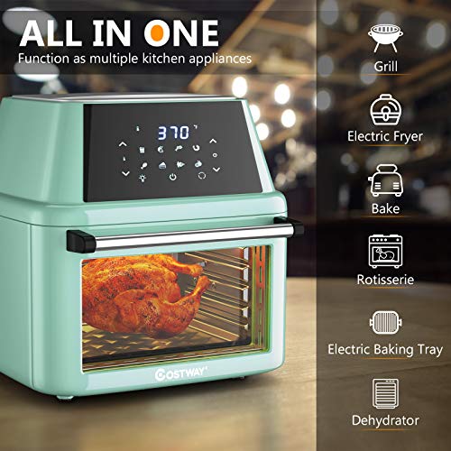 COSTWAY 8-in-1 Air Fryer Oven, Multifunctional Programmable 19QT Cooking Oven with 10 Accessories, Rotisserie, 8 Pre-set Recipe, LED Digital Touchscreen, Viewing Window, 1800W (Green)